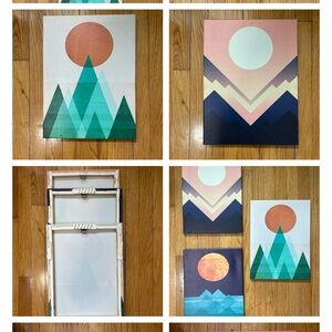 Geometric Art Canvas Set with Sun and Mountains